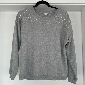 EUC grey crew neck sweater with pearl accents